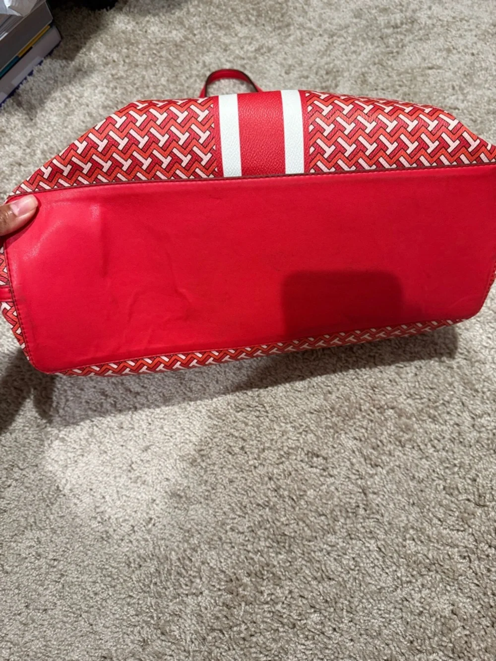 Tory Burch Red Patterned Tote with White Center Stripe - Picture 4 of 6